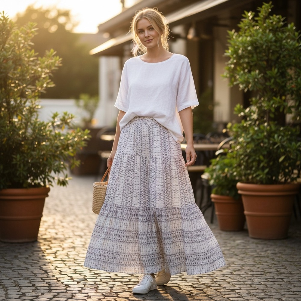 Splendid Maxi Skirt Women Linen Blend M Grey White Tiered Boho Ikat Beachy